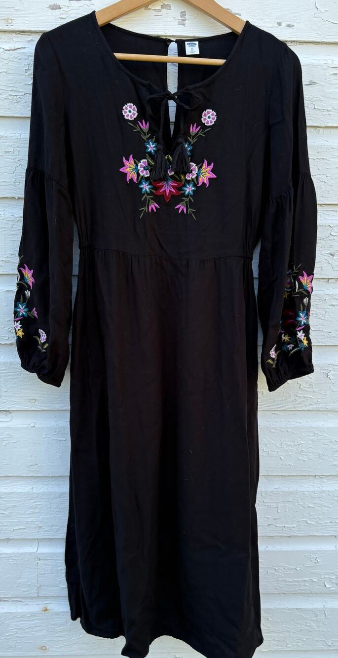 Old Navy Dress XS Black Midi Floral Embroidered Balloon Sleeve Milkmaid Boho